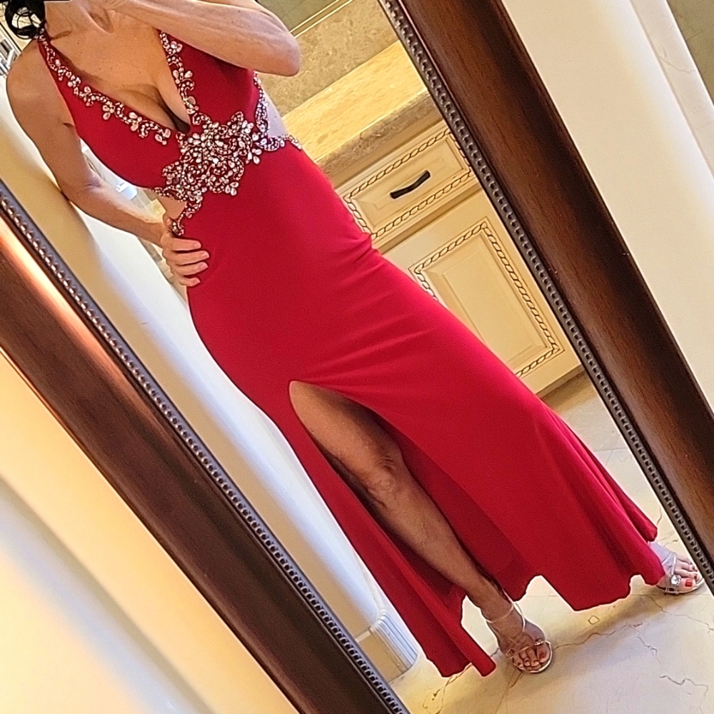 Mac Dugall Red Open-Back Embellished Side Cutout … - image 4